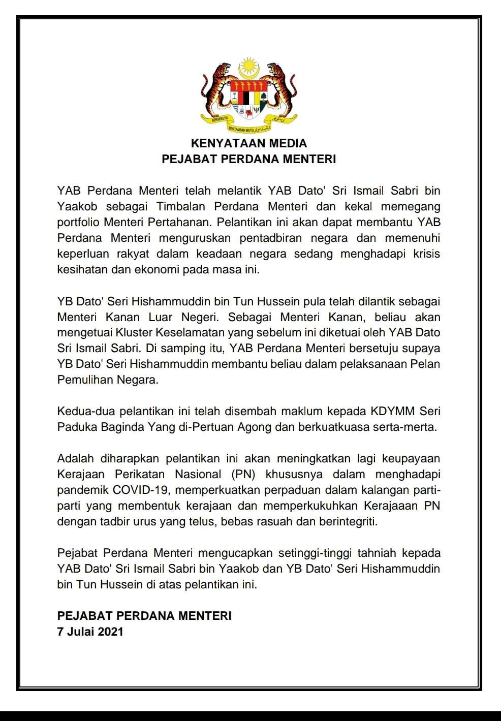 Prime Minister Muhiyiddin Yassin statement appointing Ismail Sabri as Deputy Prime Minister and Hishammuddin Hussein as Senior Minister